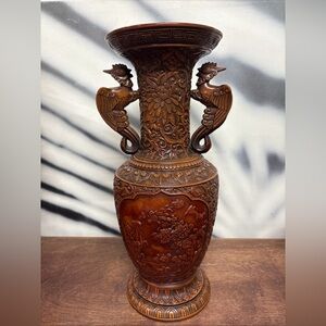 Vintage Toyo Japan Intricately Carved Brown Pottery Vase  14”